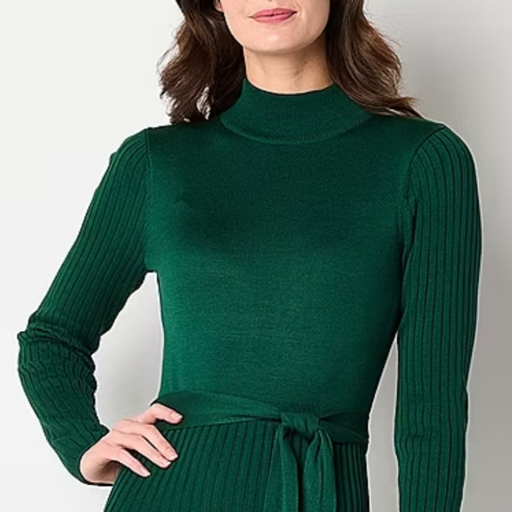 Studio One Petite Green Long Sleeve Sweater Midi Dress - Picture 6 of 12